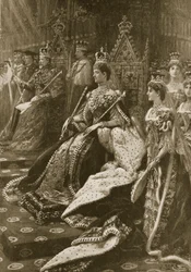 Kroningsceremonien i 1902: Alexandras, dronningegemalindens, placering ved hendes tronbestigelse, fra »The Illustrated London News«, 1902